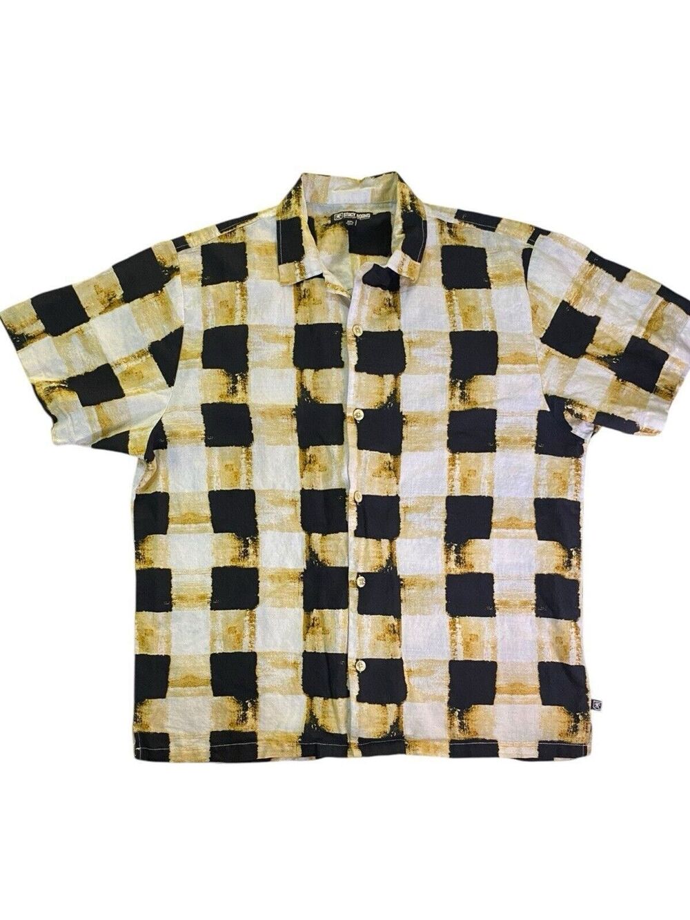 Stacy Adams Shirt Mens XXL 2XL Short Sleeve Button Up Linen Cotton Black Yellow